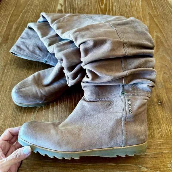 EUC taupe slouchy Prada flat calfskin boots 39 / 8 - Picture 13 of 16